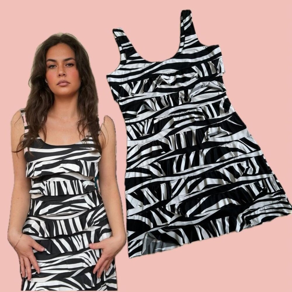 🧡 2 for 10$ Vintage Zebra Print Ruffle Dress – Stretchy Layered Look